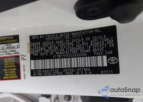2012 Toyota Camry Se z USA, uszkodzony, nr VIN 4T1BF1FK2CU522093